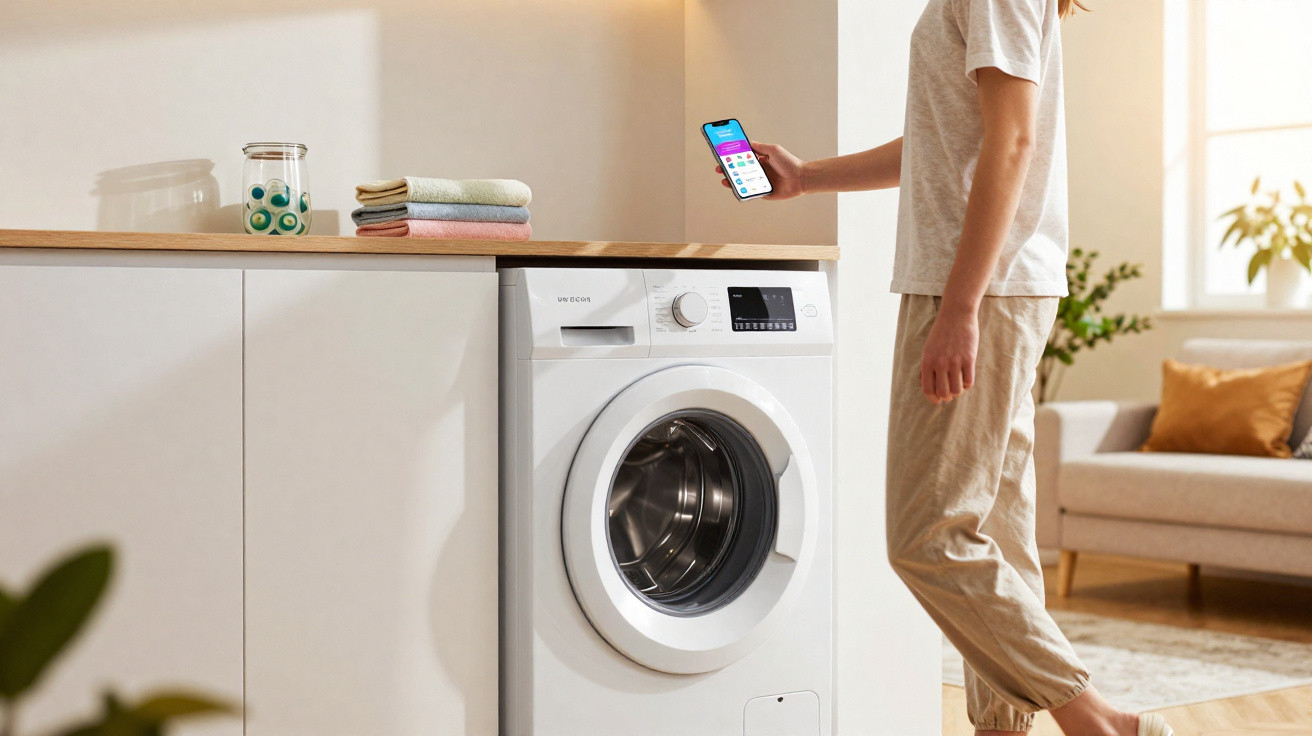 Pessoa usando smartphone para controlar máquina de lavar roupa branca em cozinha clara e moderna.
