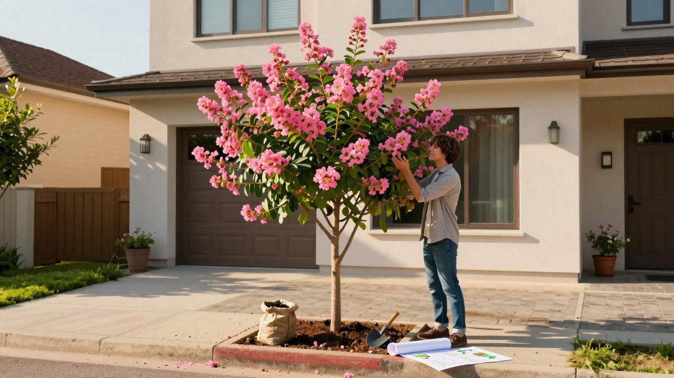 Homem cuidando de árvore florida com flores rosas em frente a casa residencial em área urbana.