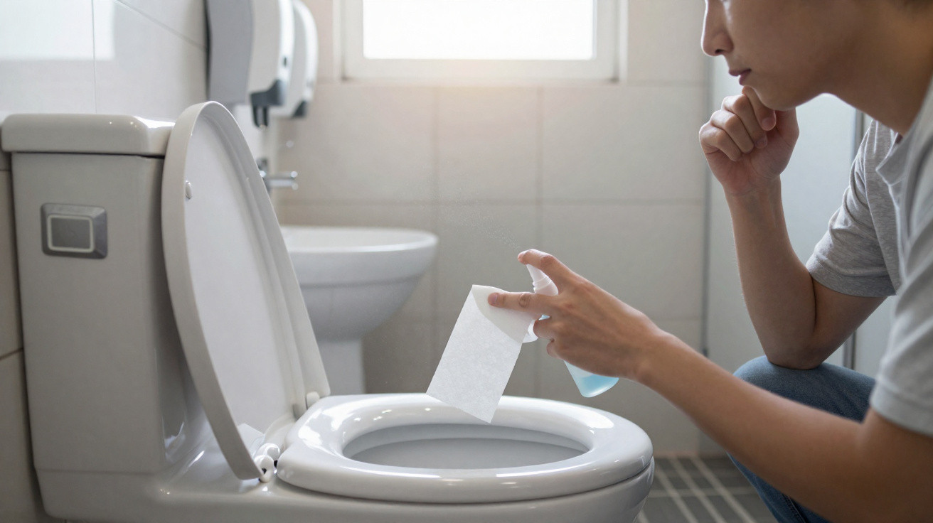 Pessoa limpando a borda de um vaso sanitário branco com spray e papel toalha em banheiro iluminado.