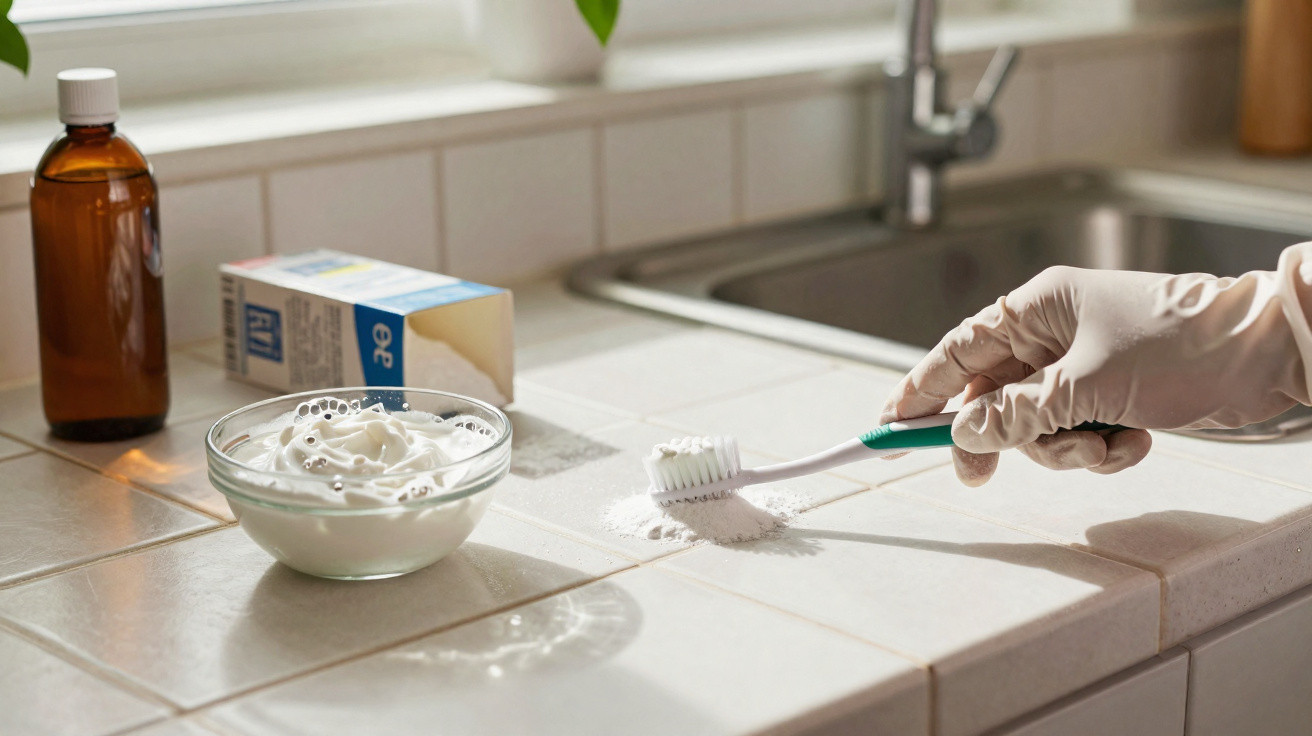 Mão com luva aplicando bicarbonato de sódio em escova de dentes sobre pia de cozinha.