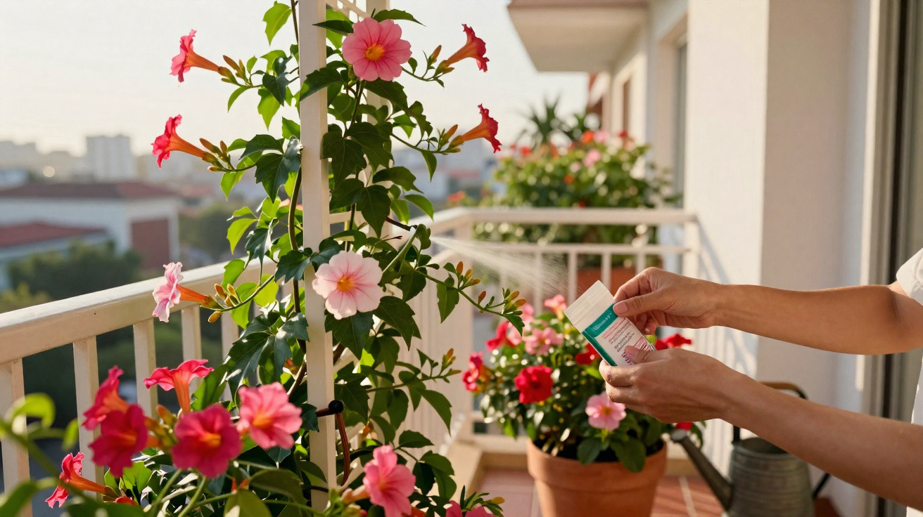 Duas mãos seguram um frasco perto de plantas com flores rosas em varanda ensolarada.