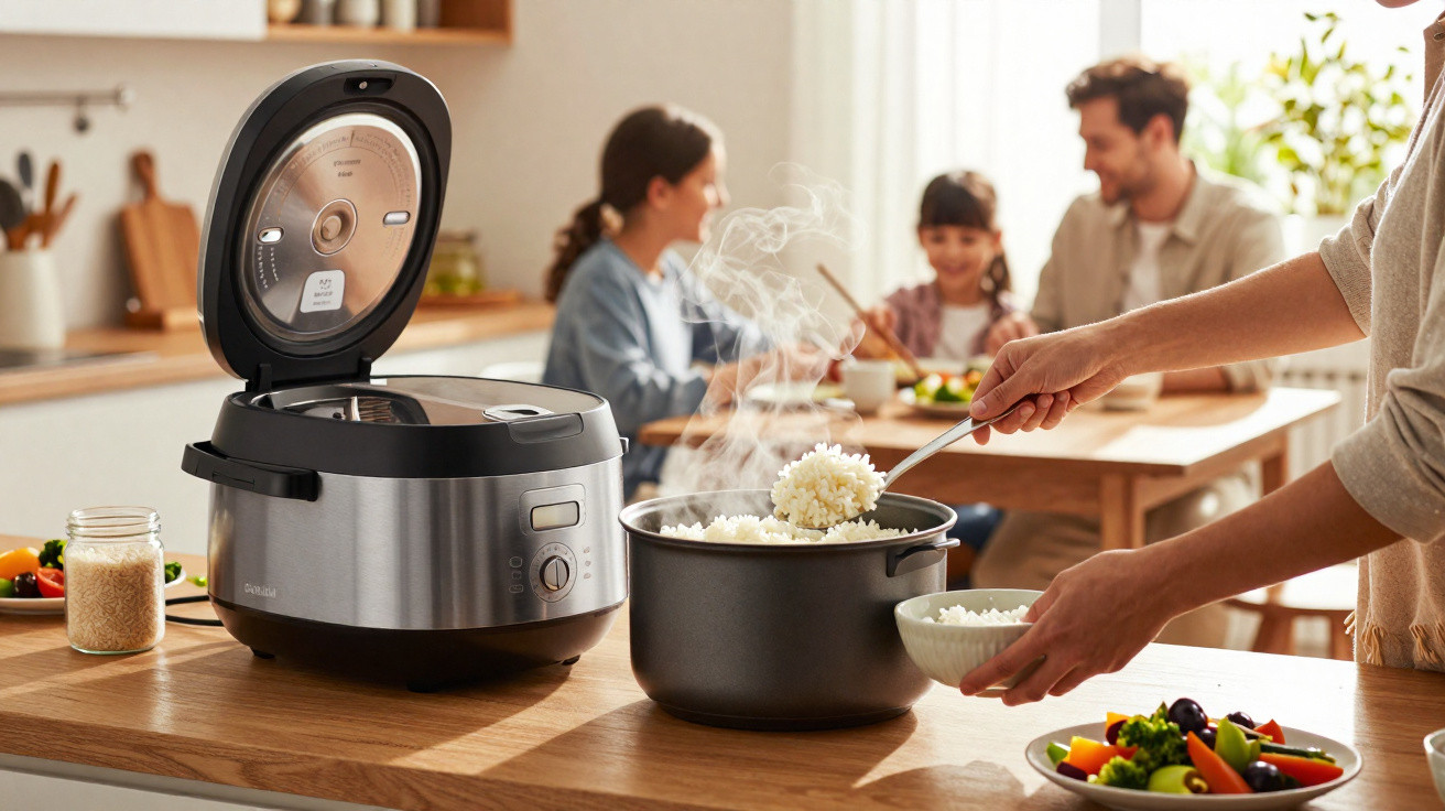 Pessoa servindo arroz quente de panela elétrica na cozinha com família ao fundo na mesa de jantar.