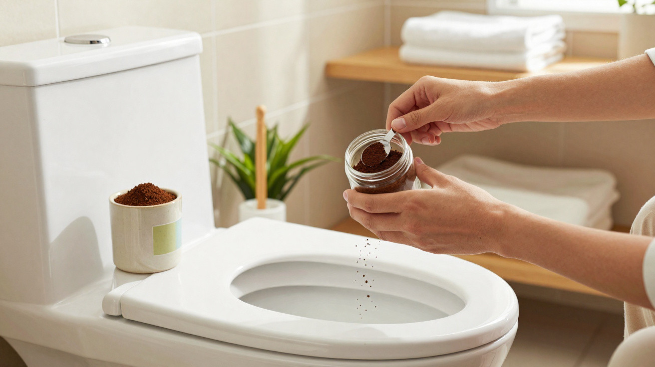 Pessoas aplicando pó de café no vaso sanitário branco em banheiro clean com toalhas e planta ao fundo.