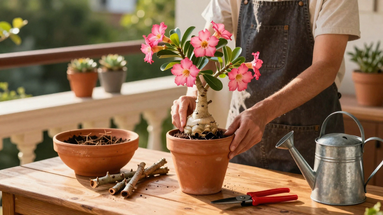 Pessoa transplantando planta com flores rosas em vaso de barro em mesa de madeira, ao ar livre.