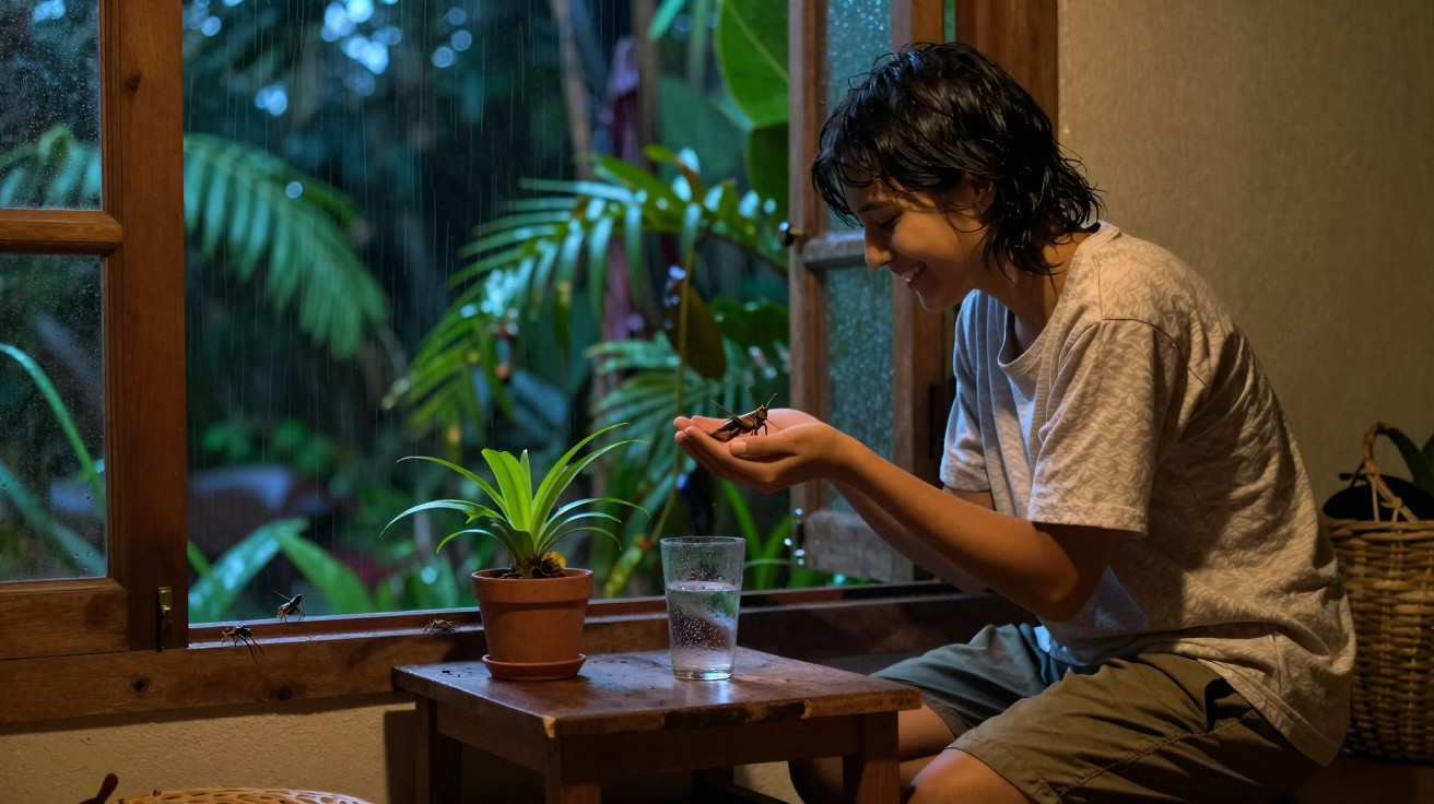 Pessoa sorridente segurando inseto em casa com janela aberta para jardim verde e chuva do lado de fora.