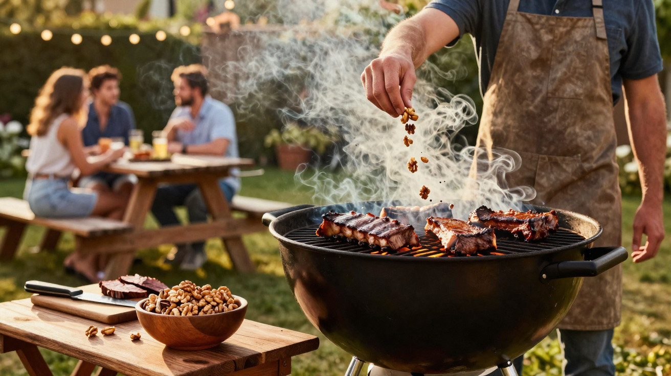 Pessoa temperando costelas na churrasqueira em churrasco ao ar livre com amigos ao fundo.
