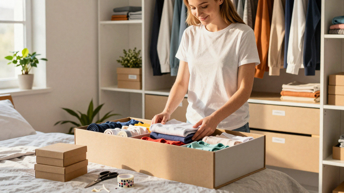 Mulher organizando roupas dobradas em caixa de papelão em quarto bem iluminado e arrumado.