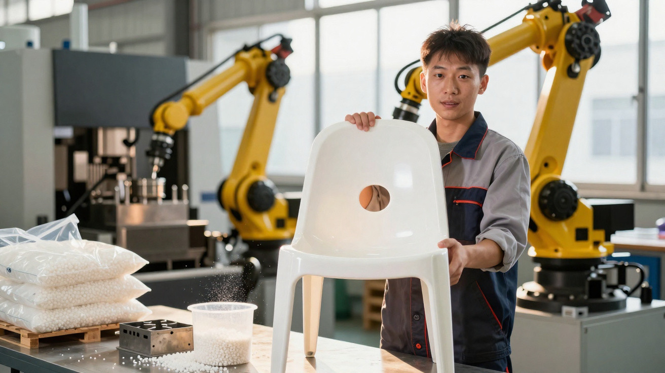 Jovem operário segurando cadeira plástica branca em fábrica com robôs industriais ao fundo.