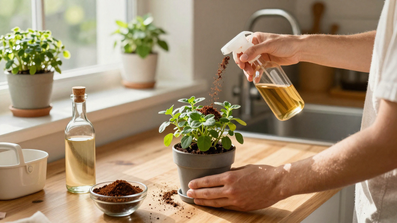 Pessoa pulverizando água em planta em vaso cinza em cozinha iluminada com plantas na janela.