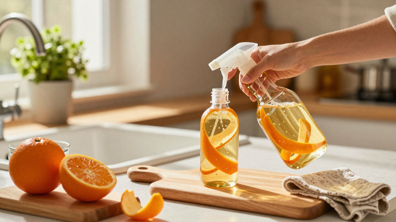 Pessoa despejando líquido de limpeza caseiro com casca de laranja em frasco spray na cozinha iluminada.