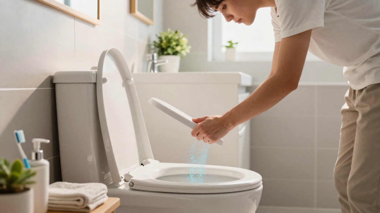 Jovem aplicando produto de limpeza no vaso sanitário em banheiro claro e organizado.