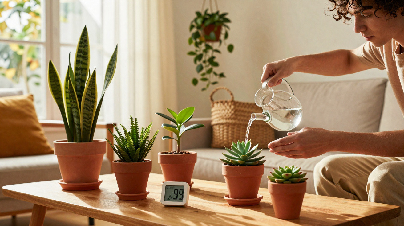 Pessoa regando plantas em vasos de cerâmica sobre mesa de madeira em sala iluminada por luz natural.