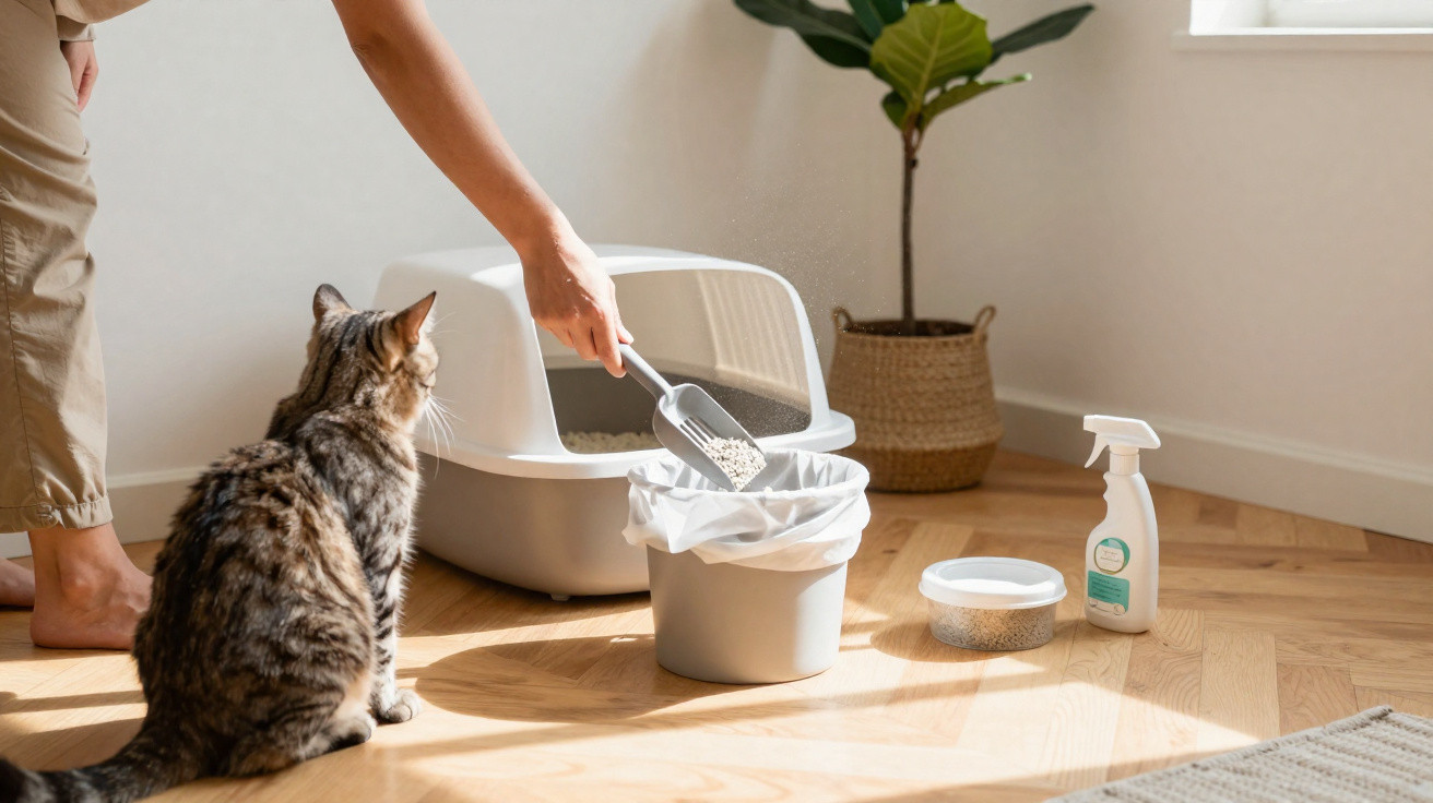 Pessoa limpando caixa de areia de gato com pá, enquanto gato observa, ao lado de planta e produtos de limpeza.