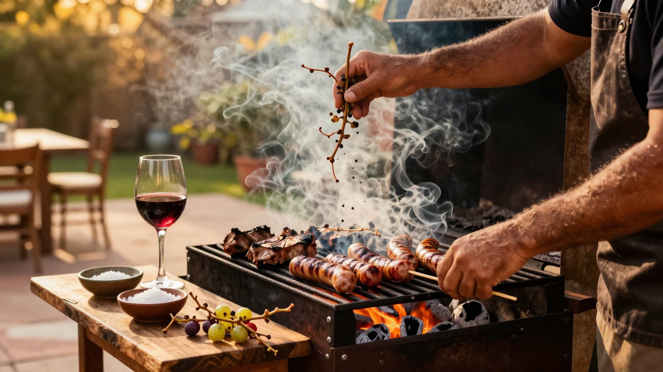 Pessoa temperando carne e linguiça na churrasqueira com taça de vinho e tigelas de sal na mesa ao lado.
