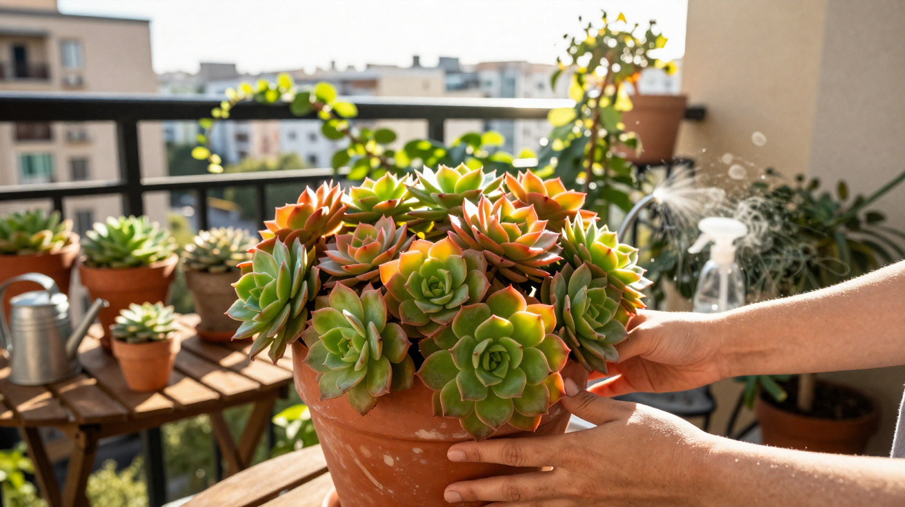 Mãos segurando vaso de barro com suculentas verdes e vermelhas em varanda com outras plantas ao fundo.