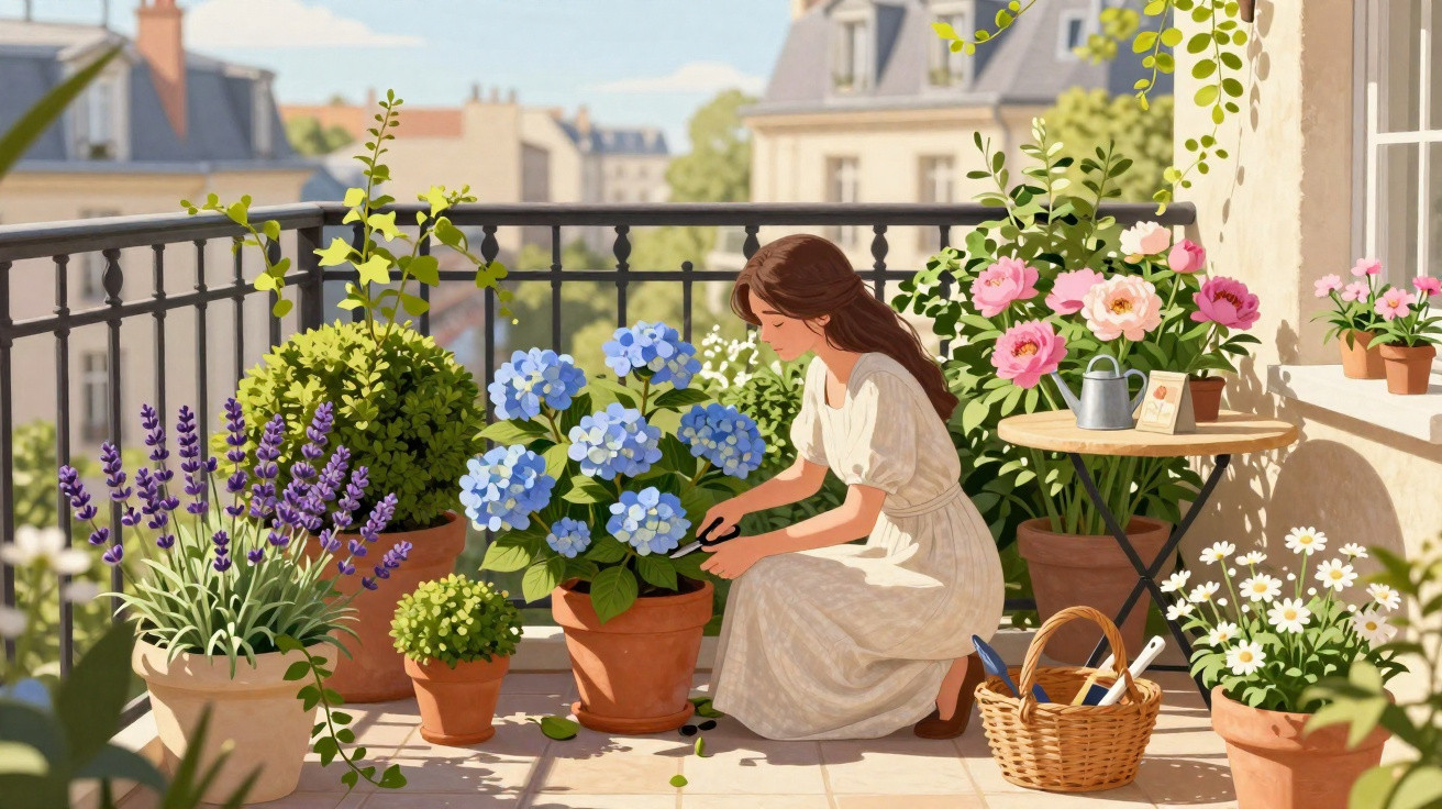 Mulher cuidando de plantas e flores coloridas em varanda ensolarada com cesta e regador.