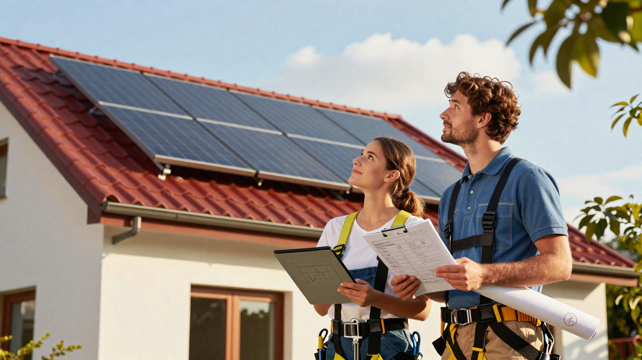 Dois técnicos olhando para painéis solares instalados em telhado de casa, com pranchetas na mão.