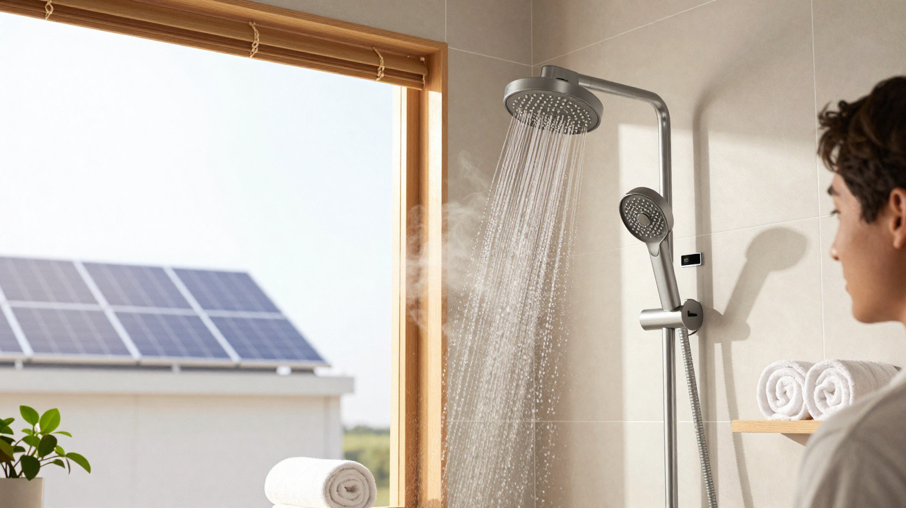 Banheiro moderno com ducha ligada, janela aberta e painéis solares no telhado, uma pessoa observa.