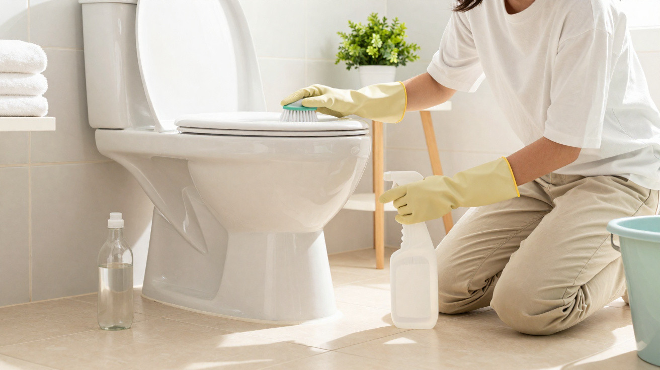 Pessoa de luvas limpando vaso sanitário branco em banheiro claro com produtos de limpeza ao lado.