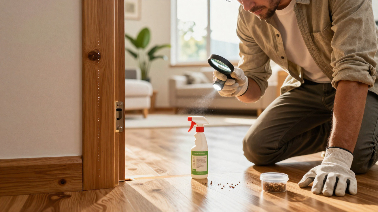 Homem com luvas usando lupa para inspecionar pragas em chão de madeira junto a spray inseticida.