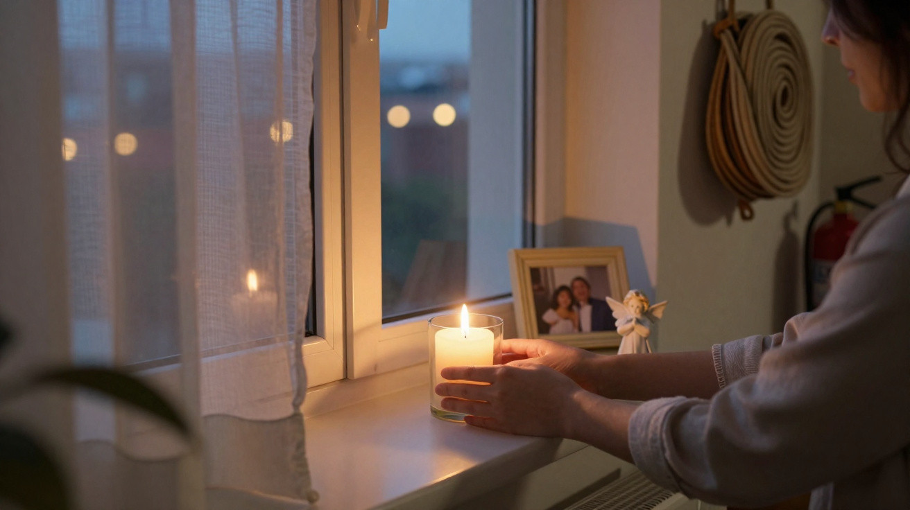 Pessoa segurando vela acesa em castiçal na janela ao entardecer, com foto de família e anjo decorativo.