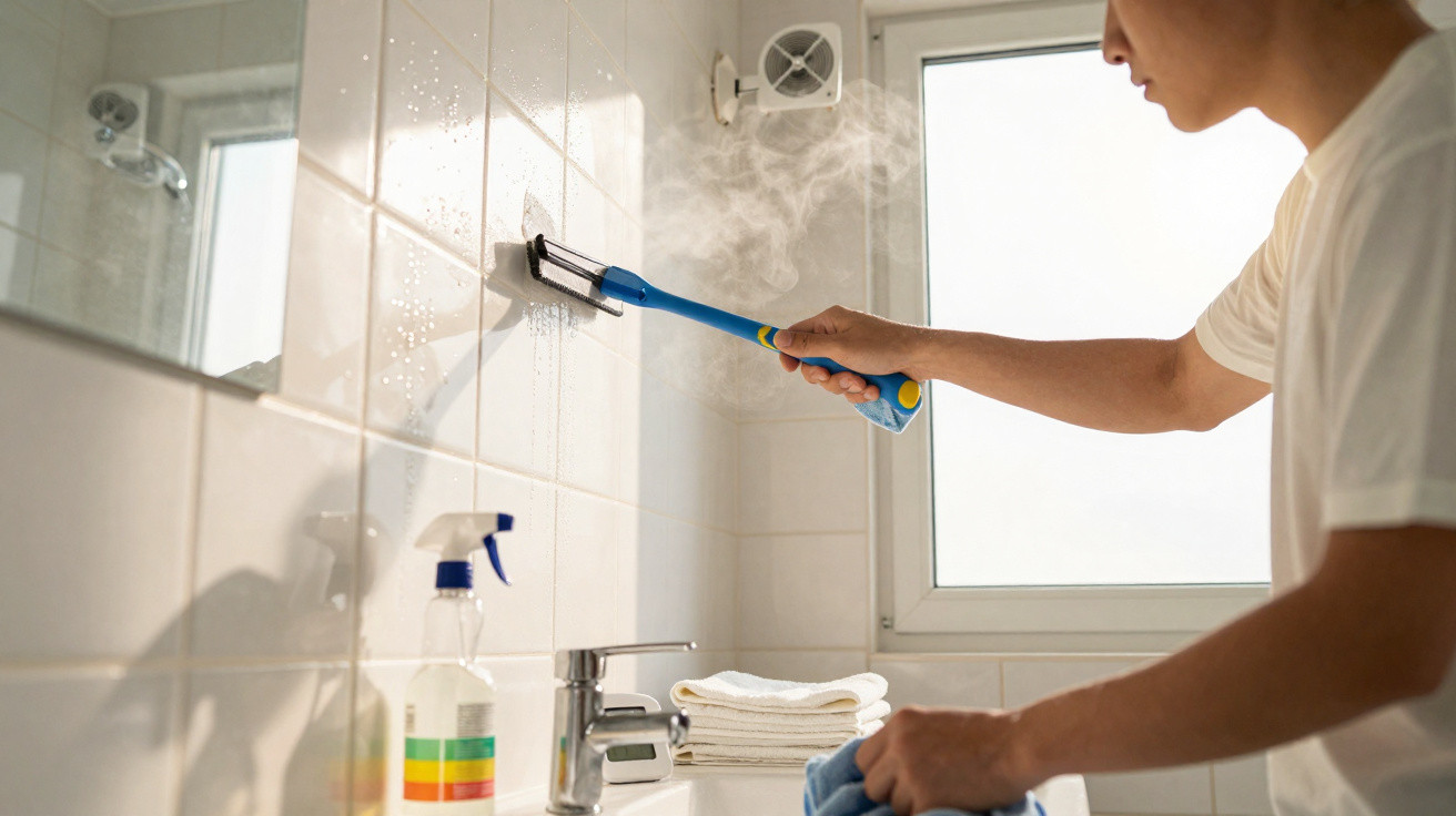 Pessoa limpando azulejos de banheiro branco com escova e pano azul ao lado de pia com toalhas brancas.