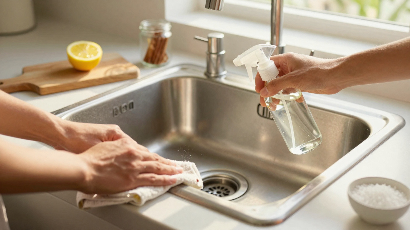 Mãos limpando pia de cozinha de aço inox com pano e spray de produto de limpeza.