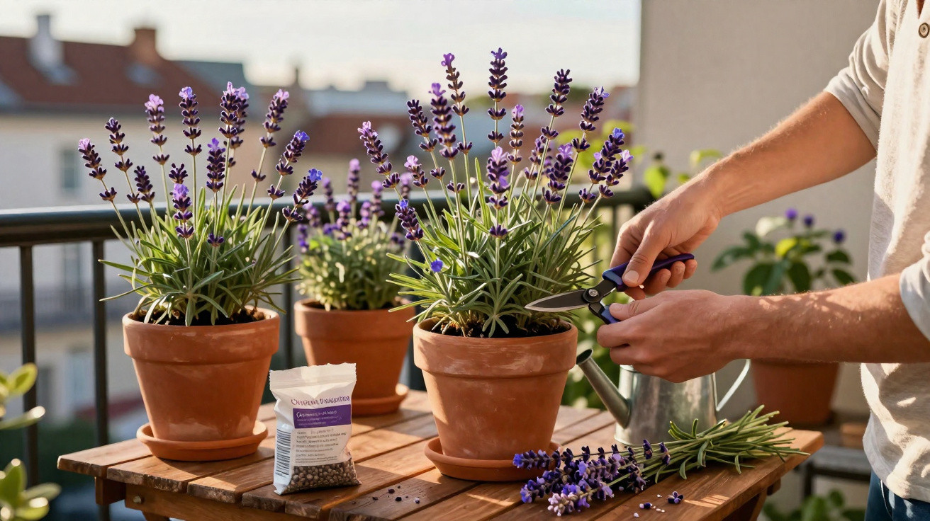 Pessoa cuidando de vasos de lavanda em varanda ensolarada, cortando flores com tesoura de jardinagem.
