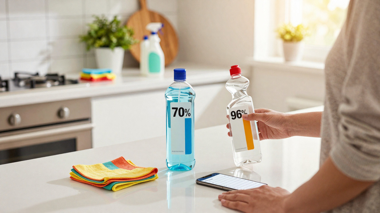 Pessoa segurando frasco de álcool em gel 96% na cozinha, ao lado de frasco 70%, pano colorido e celular.