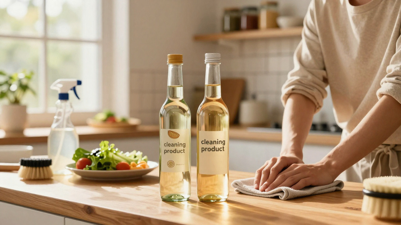 Pessoa limpando bancada de madeira na cozinha com produtos de limpeza em frascos de vidro.