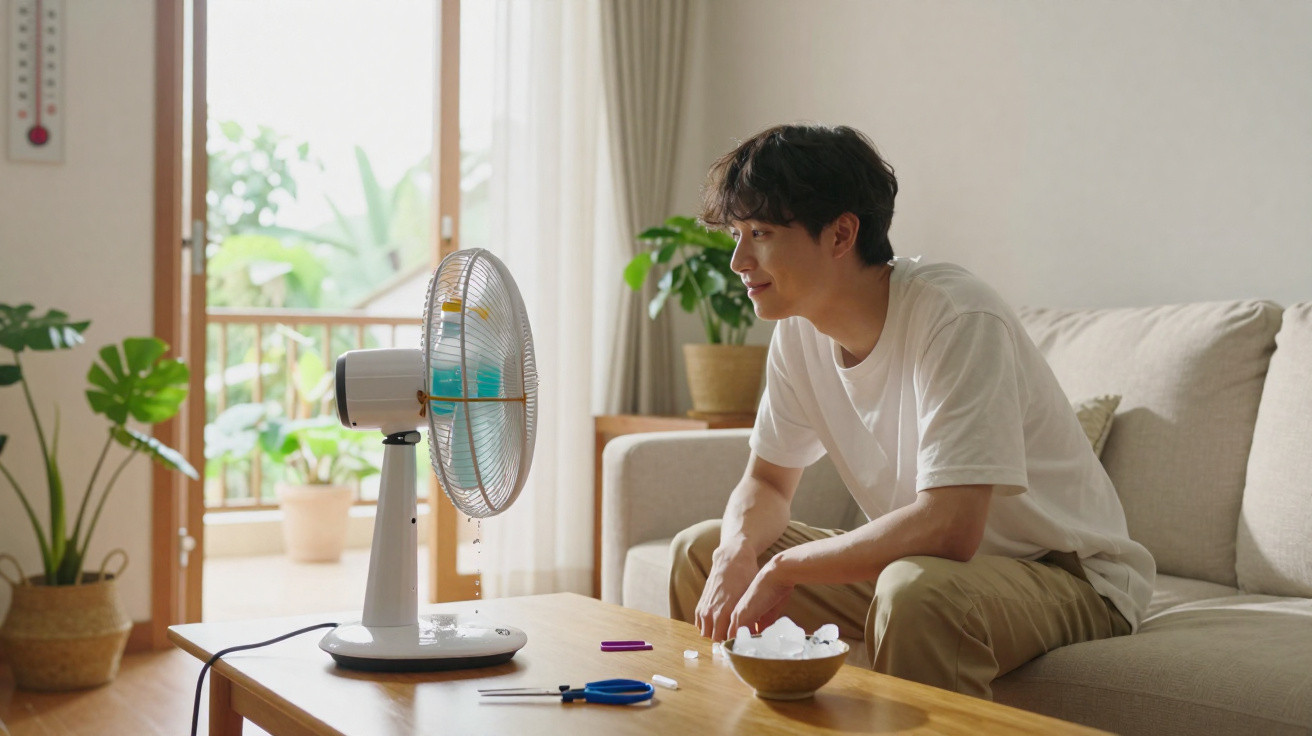 Homem sentado no sofá olhando para um ventilador ligado em uma sala bem iluminada e plantas ao fundo.