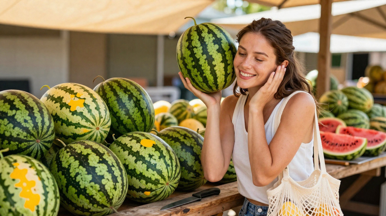 Mulher sorridente segurando uma melancia em feirinha com várias melancias sobre mesa de madeira.