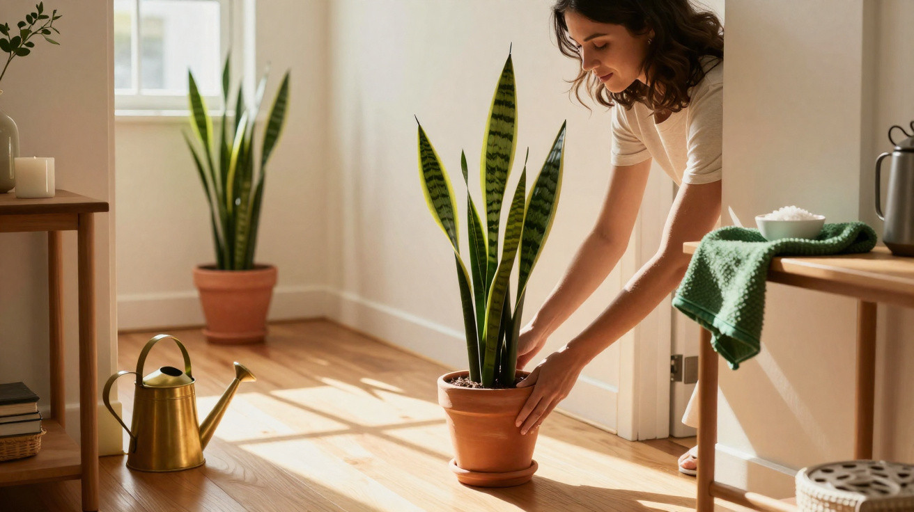 Mulher cuidando de planta em vaso de cerâmica em ambiente iluminado com regador dourado ao lado.