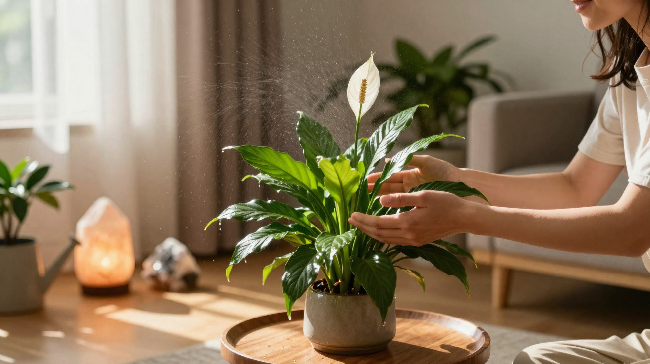 Pessoa cuidando de planta com flor branca em vaso sobre mesa de madeira em sala iluminada.