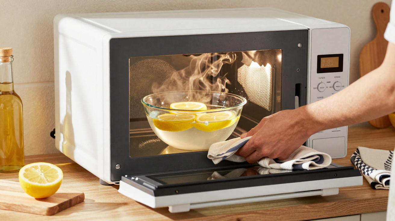 Pessoa retira tigela com limões e vapor quente de micro-ondas branco em bancada de cozinha.