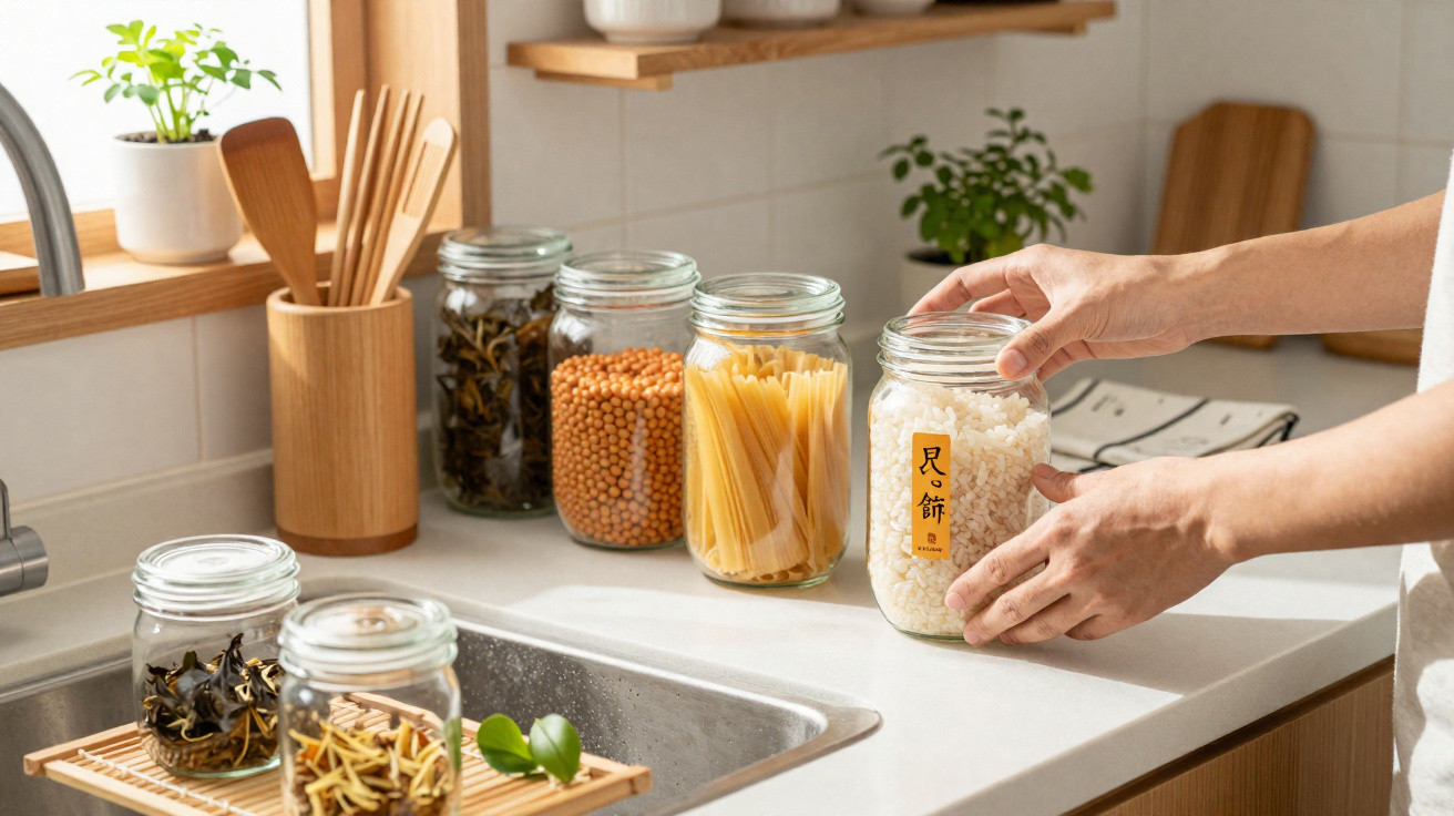 Mãos organizando potes de vidro com alimentos secos em bancada de cozinha clara e moderna.
