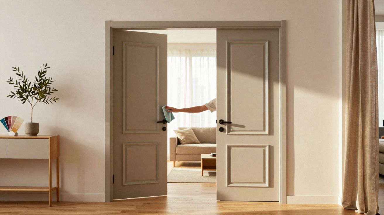 Porta dupla cinza sendo limpa com pano, com sala iluminada ao fundo e decoração minimalista.