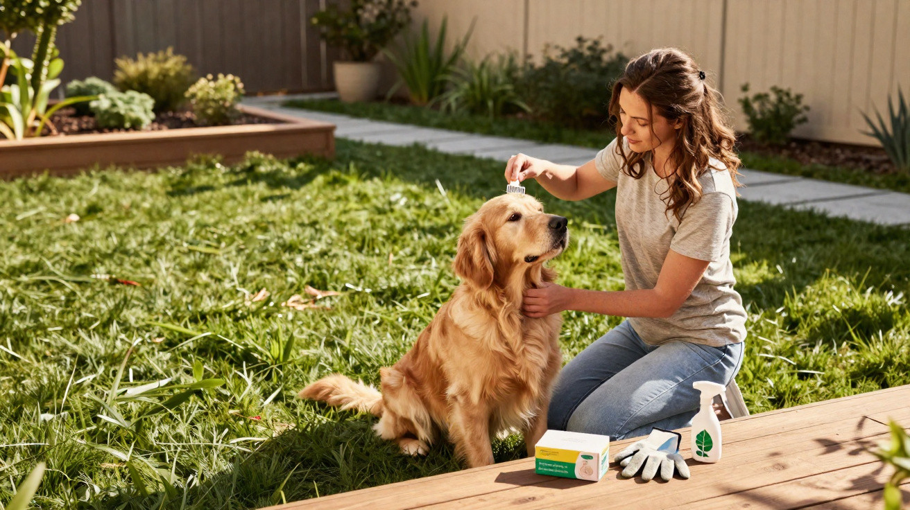 Mulher escovando um cachorro Golden Retriever no jardim com produtos ao redor.