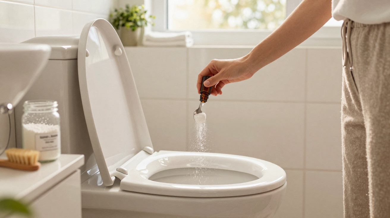 Pessoa despejando pó branco no vaso sanitário em banheiro iluminado e organizado.