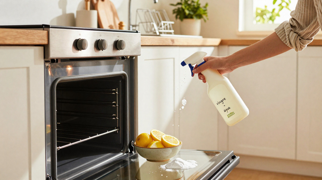 Pessoa limpando forno aberto com spray caseiro de vinagre e limão em cozinha iluminada.