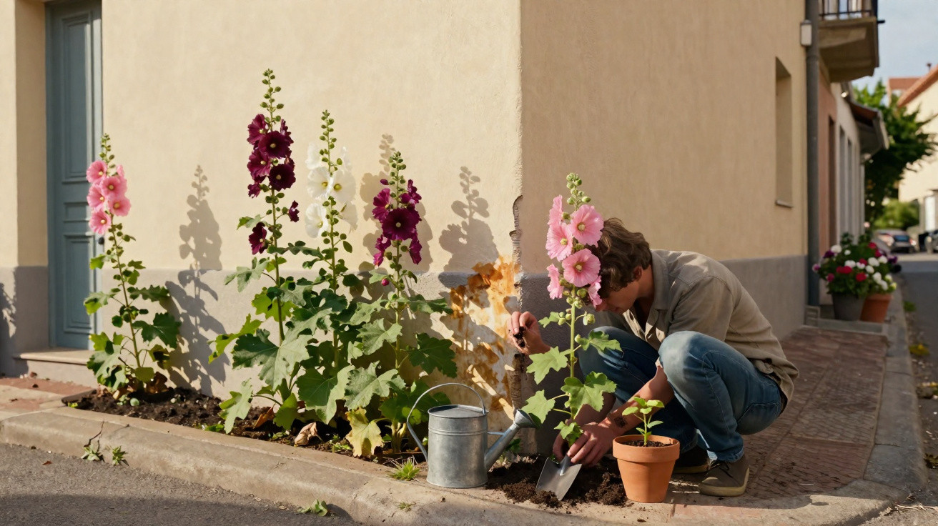 Homem agachado cuidando do jardim com flores altas rosas e vinho em canteiro urbano ao lado de casa.