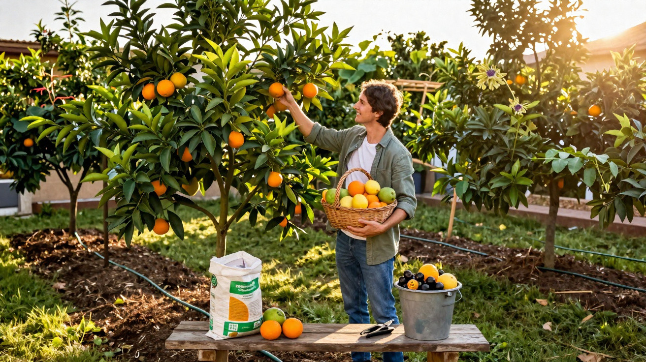 Pessoa colhendo laranjas em pomar ao pôr do sol, com cesta de frutas e utensílios ao redor.