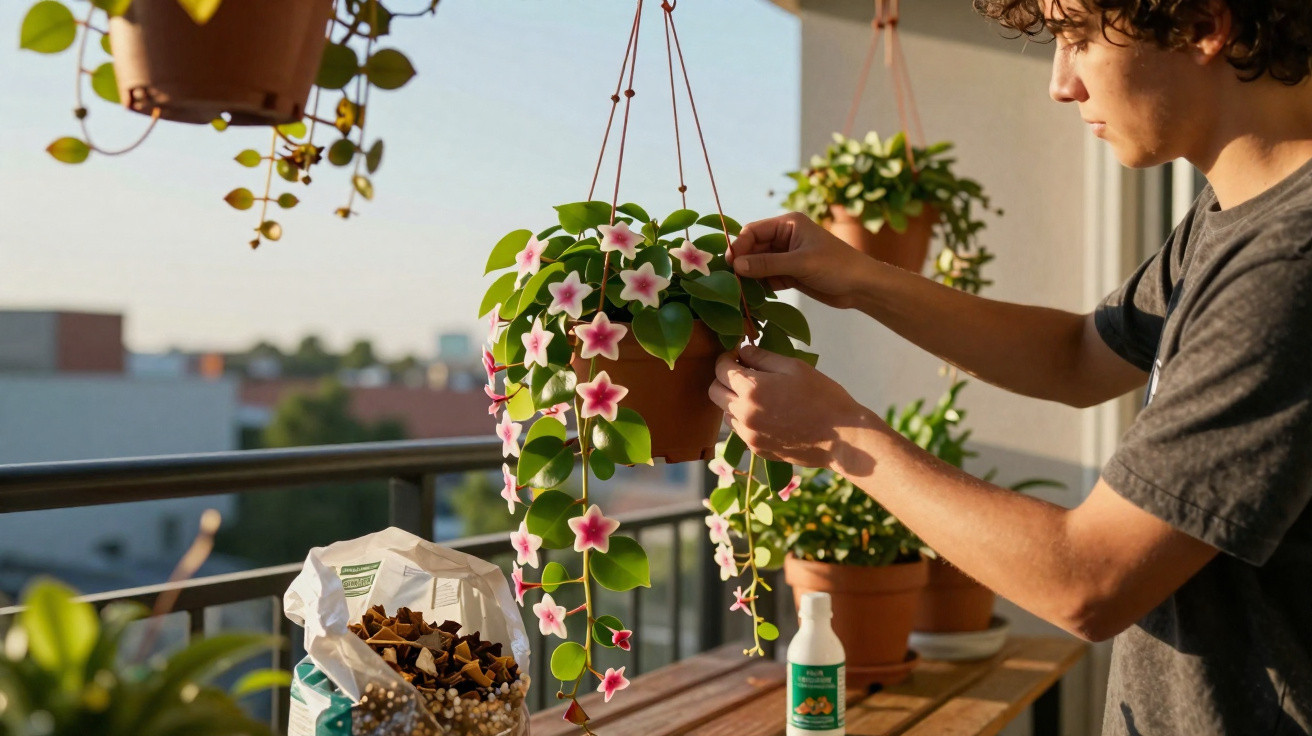 Jovem cuidando de planta pendurada com flores rosa em varanda ensolarada.