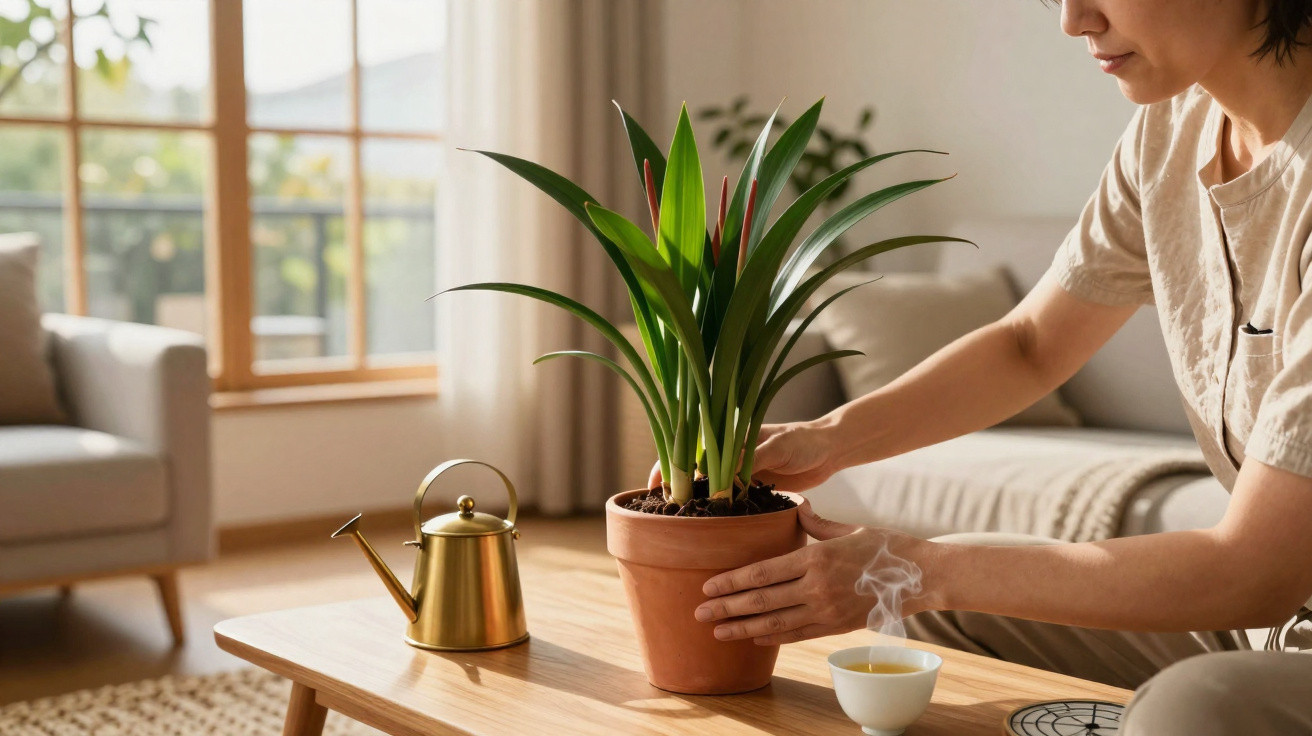 Pessoa cuidando de planta em vaso de barro sobre mesa de madeira em sala iluminada e aconchegante.
