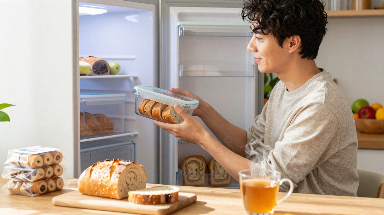Homem guardando pão em pote plástico dentro da geladeira, com pão e chá na mesa à frente.