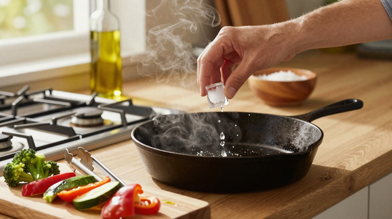 Mão colocando cubo de gelo em frigideira quente com vapor, legumes fatiados e azeite ao fundo na bancada.