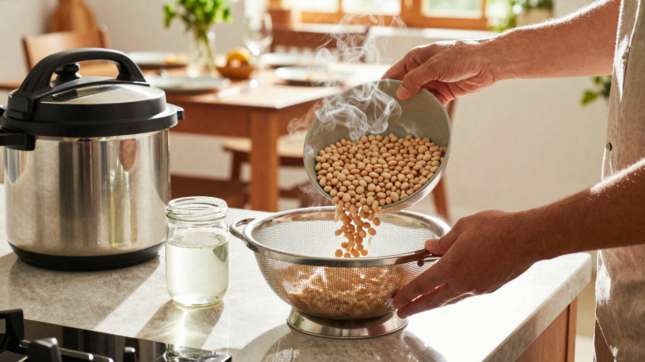 Mãos despejando soja quente em escorredor na cozinha, com panela de pressão e jarra de água ao lado.