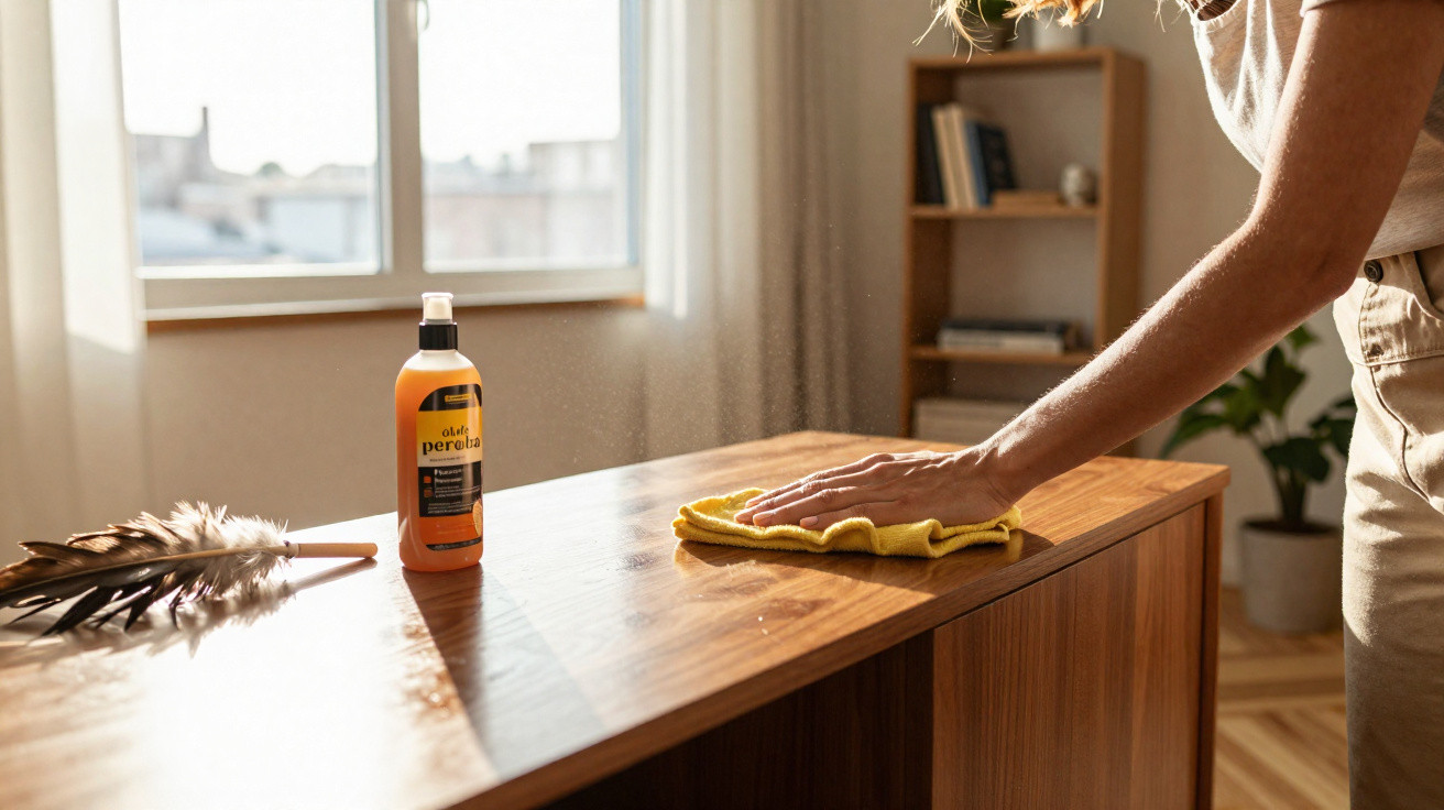 Pessoa limpando móvel de madeira com pano amarelo e produto de limpeza em ambiente iluminado pela luz natural.