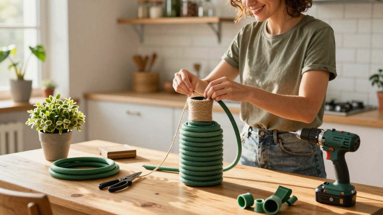 Mulher fazendo artesanato envolvendo um vaso com corda e tubo verde em uma cozinha iluminada.