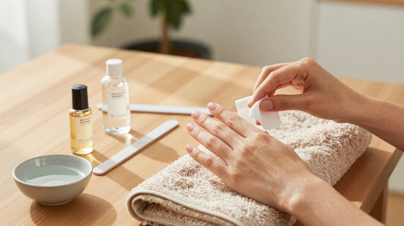 Mãos femininas cuidando das unhas com acessórios de manicure sobre toalha em mesa de madeira.